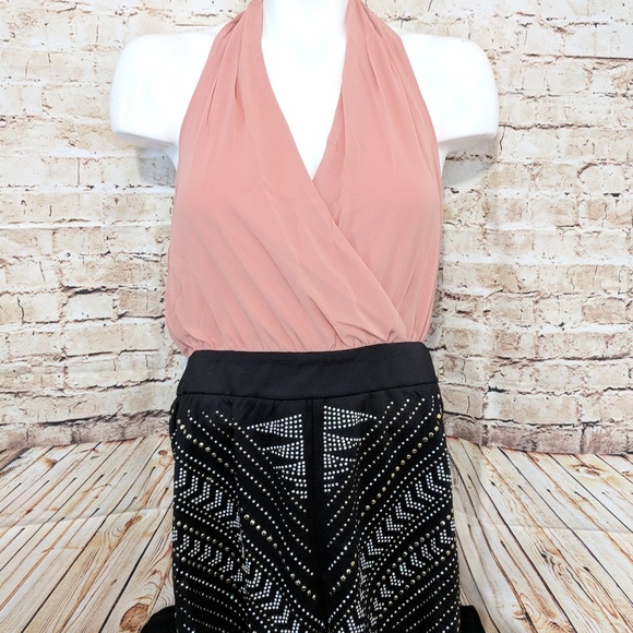 Trendy Studded Embellished Peach Halter Romper - Picture 4 of 8